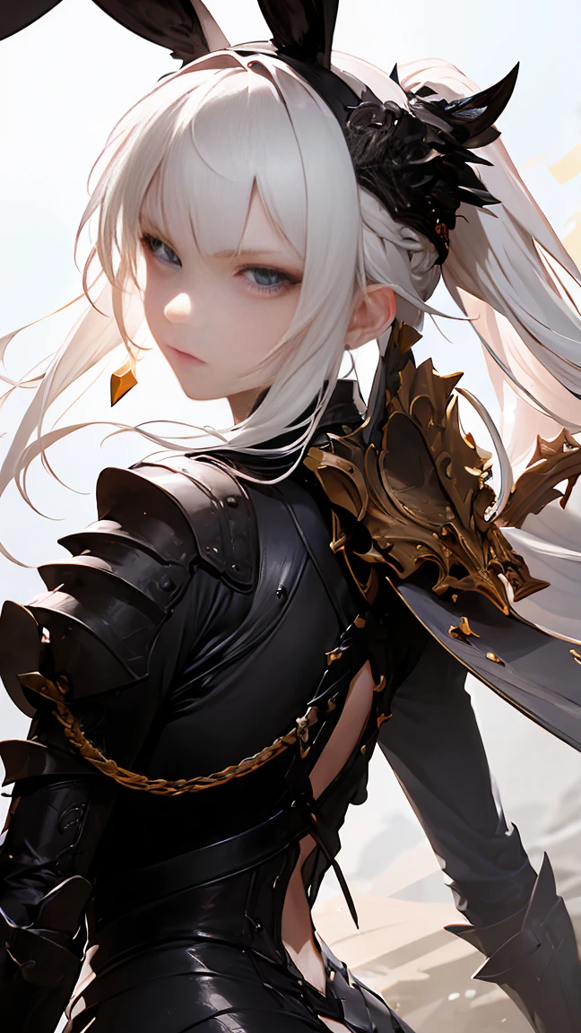 ((best quality)), ((masterpiece)), (detailed), perfect face, Highly detailed face, detailed eyes, (looking at viewer:1.2), (white hair), bangs, ((hair over shoulder)), floating hair, (rabbit ears), black armor worn by medieval Western knights, the shiny design, the fantasy novels, the powerful gaze, grip the sword, hold the sword, fantasy art, Goldsmith Armor, burning ruins, forehead protector