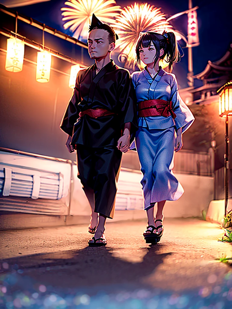 obra de arte,resolução mais alta,mais alta qualidade,(((Amantes dos festivais de verão))),Um lindo menino com cabeça raspada e uma linda menina com orelhas de gato andam de mãos dadas,noite,parar,fogo de artifício,(((yukata))),