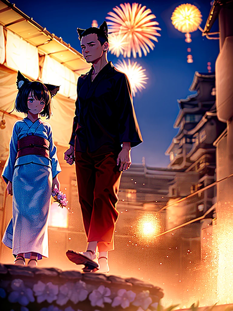 obra maestra,resolución más alta,de la máxima calidad,(((Amantes de los festivales de verano))),Un hermoso niño con la cabeza rapada y una hermosa niña con orejas de gato caminan de la mano,Noche,parar,Fuegos artificiales,(((yukata))),