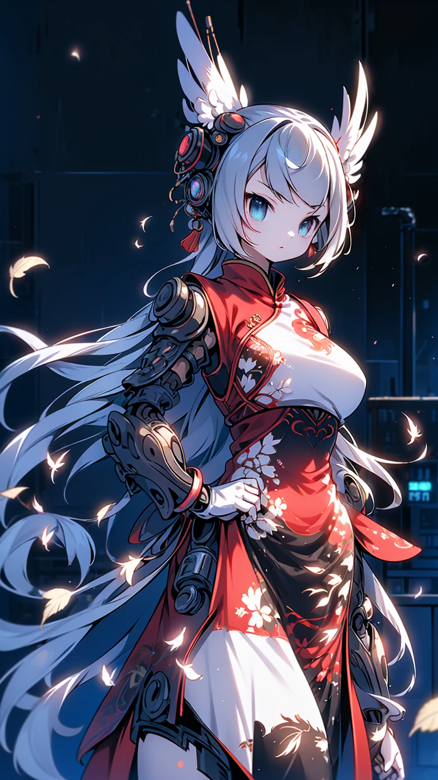 Cyberpunk style，bird girl，Bird Girl，Crane style，Crane element，black vs white，black vs white，White hair，White long hair，White clothes，harpy，wing，wing，Feather sleeves，wing袖子，White cheongsam，Feather costume，feather-adorned服装，feather-adorned，Feather hair card，Mechanical structure armor，Boxing gloves，Cyberpunk style装甲，Cyberpunk style服装，Kung Fu Girl Chinese Style，Fighting style，Cyberpunk style，Street background，赛博朋克Urban BackgroundStreet background，赛博朋克Street background，Urban Background，Standing posture，Fighting Stance，Fighting Stance，Boxing Stance，Boxing stance，Close-up above the waist，Ball head，White hair，White long hair，White hair