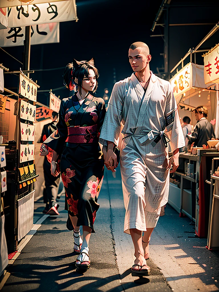 Masterpiece,Highest Resolution,Highest quality,(((Summer festival lovers))),A beautiful boy with a shaved head and a beautiful girl with cat ears walk hand in hand,night,stall,firework,(((yukata))),