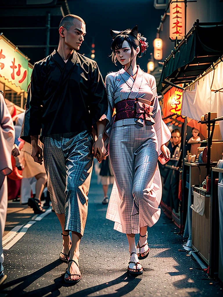 Masterpiece,Highest Resolution,Highest quality,(((Summer festival lovers))),A beautiful boy with a shaved head and a beautiful girl with cat ears walk hand in hand,night,stall,firework,(((yukata))),