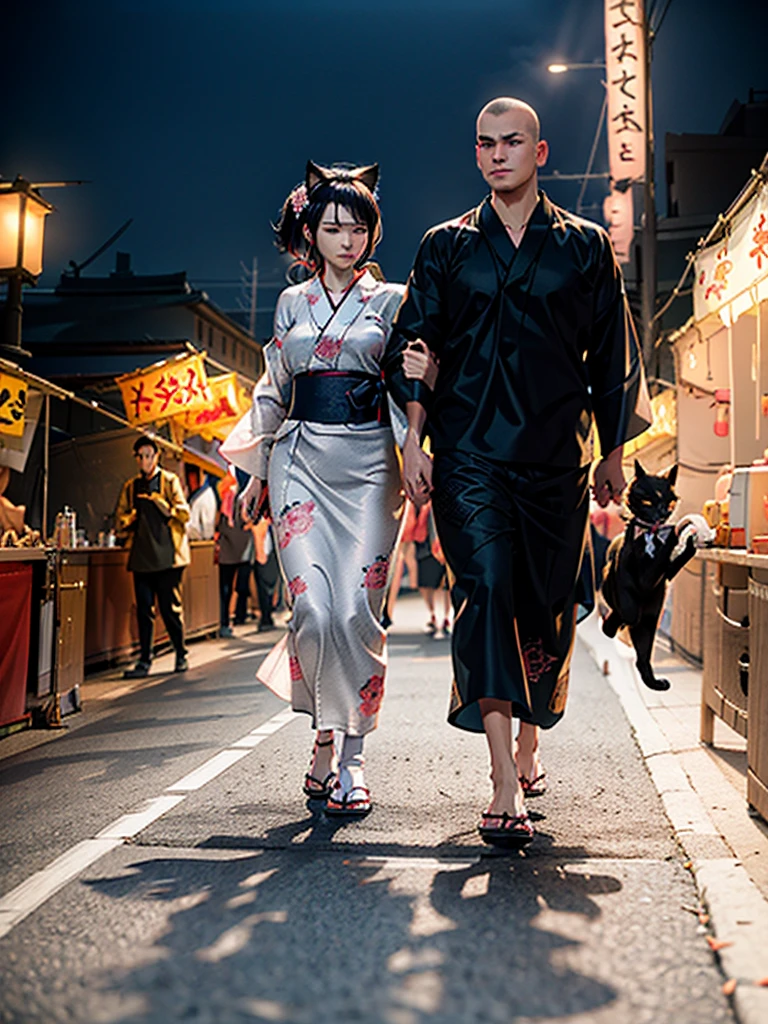 Masterpiece,Highest Resolution,Highest quality,(((Summer festival lovers))),A beautiful boy with a shaved head and a beautiful girl with cat ears walk hand in hand,night,stall,firework,(((yukata))),