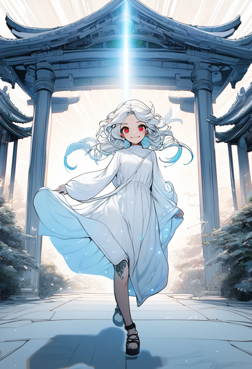 line art, iridescent white light effect, 2.5D, delicate and dynamic, pure white world, cute white Medusa girl, captivating smile, loose dress, thin flat body line, skipping happily, covered in tattoos, temple, grounds, cartoon-style images, shading, contrast magic effects, BREAK attractive red eyes