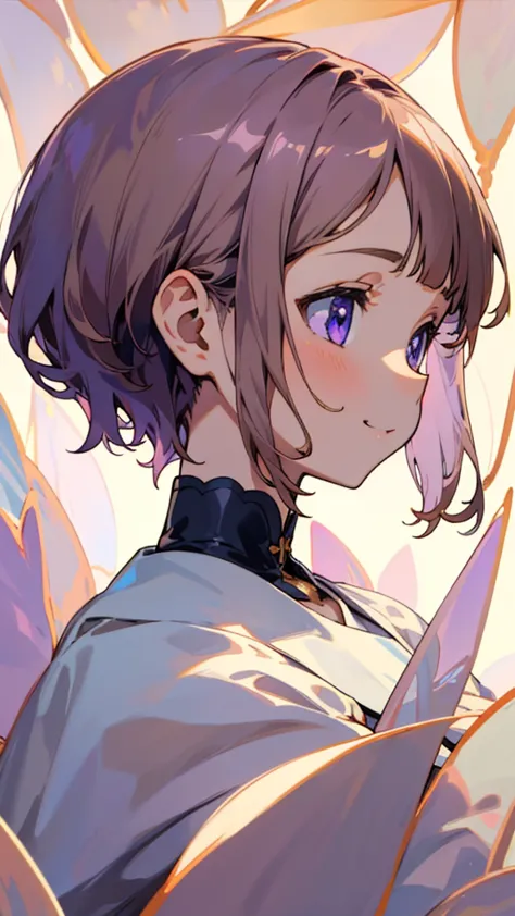 （highest quality，masterpiece，surreal），美しい light brown hair、beautiful purple beautiful eyes、short hair、transparent hair、transluce...