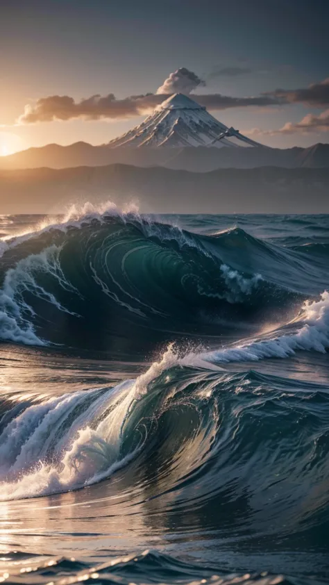 complete and very real image. tsunami. photorealism, full view, very detailed image, very realistic, hyperrealism, cinematograph...