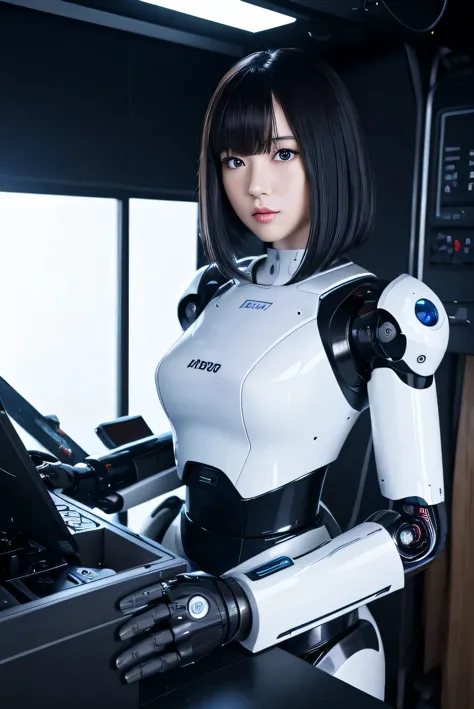 masterpiece, best quality, extremely detailed,8k portrait,Japaese android girl,Plump , control panels,android,Droid,Mechanical Hand, Robot arms and legs, Black hair,Blunt bangs,perfect robot girl,long tube,thick cable connected her neck,android,robot,humanoid,cyborg,japanese cyborg girl ,robot-assembly plant,She has assembled now,assembly scene,white robot body,blue eyes, 