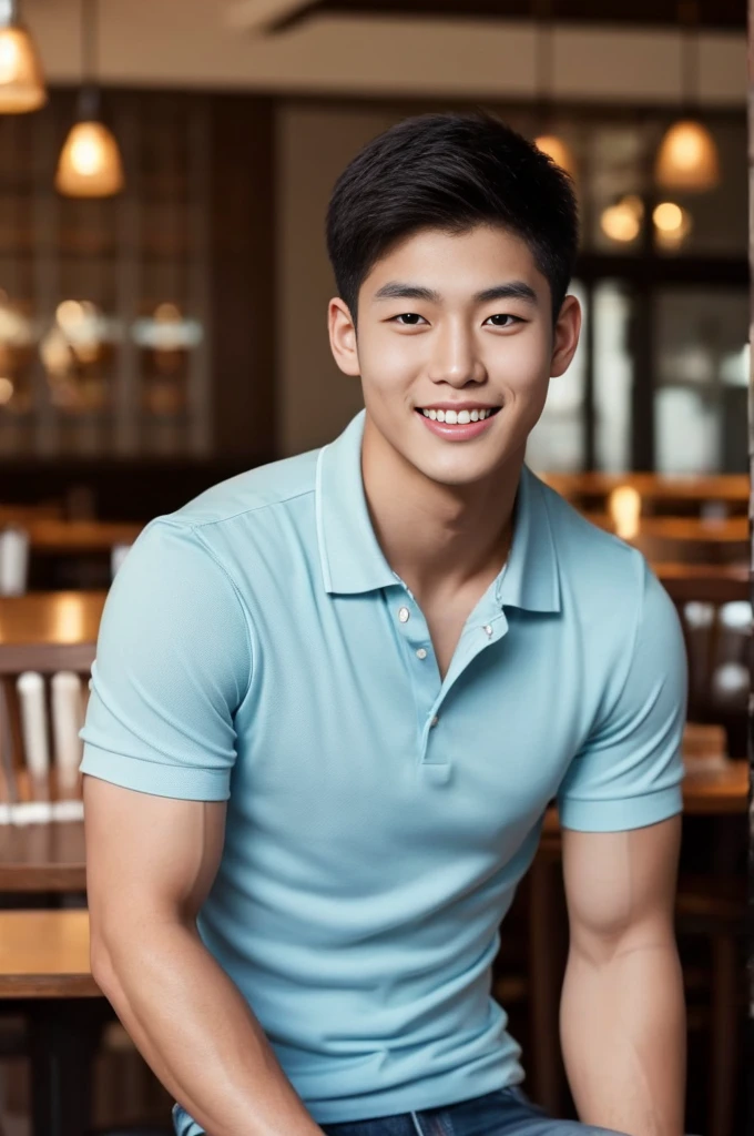 ((realistic daylight)) , Young Korean man in only a polo shirt, no stripes, and jeans., A handsome, muscular young Asian man looks at the camera.  , in the restaurant ,turn sideways, smile