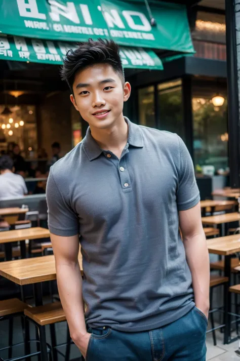 ((realistic daylight)) , young korean man in only a polo shirt, no stripes, and jeans., a handsome, muscular young asian man loo...