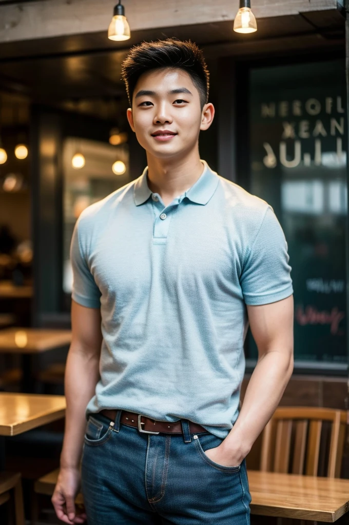 ((realistic daylight)) , Young Korean man in only a polo shirt, no stripes, and jeans., A handsome, muscular young Asian man looks at the camera.  , in the restaurant ,turn sideways, smile