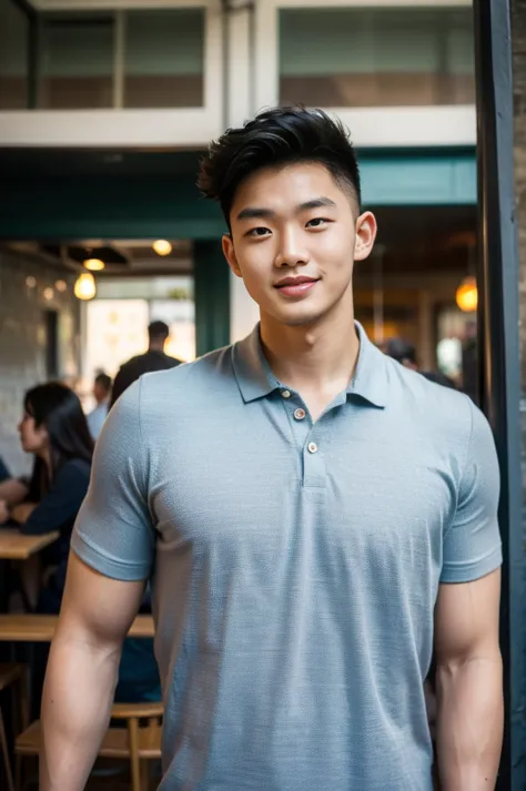 ((realistic daylight)) , young korean man in only a polo shirt, no stripes, and jeans., a handsome, muscular young asian man loo...