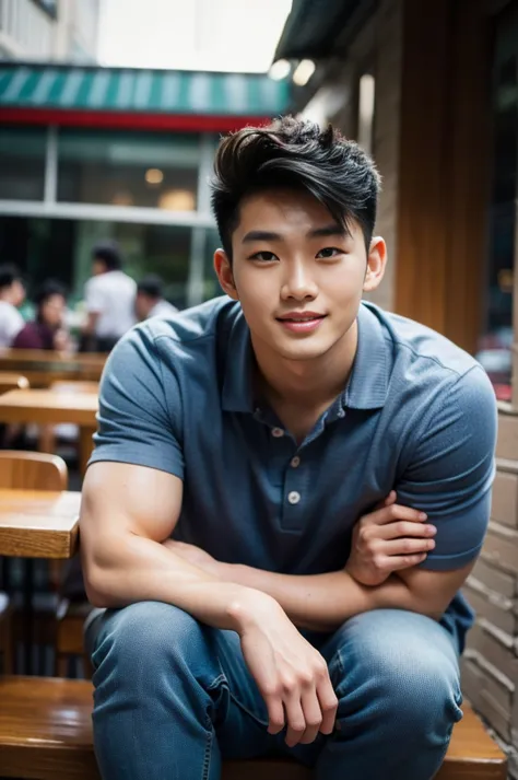 ((realistic daylight)) , young korean man in only a polo shirt, no stripes, and jeans., a handsome, muscular young asian man loo...