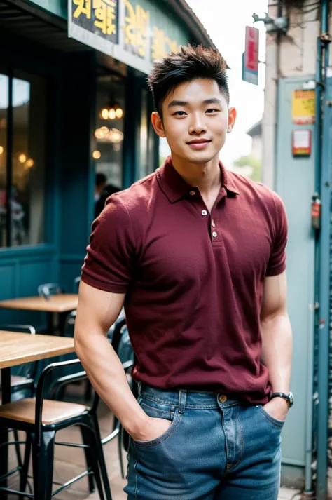 ((realistic daylight)) , young korean man in only a polo shirt, no stripes, and jeans., a handsome, muscular young asian man loo...