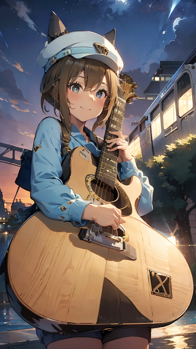 masterpiece, Highest quality, High resolution, Very detailed,(((Schwarzgran))), (((I have an electric guitar。)))、(((station)))、(((smile)))、(((train)))、sunny, Horse ears, White Beret, (((Waterfront)))