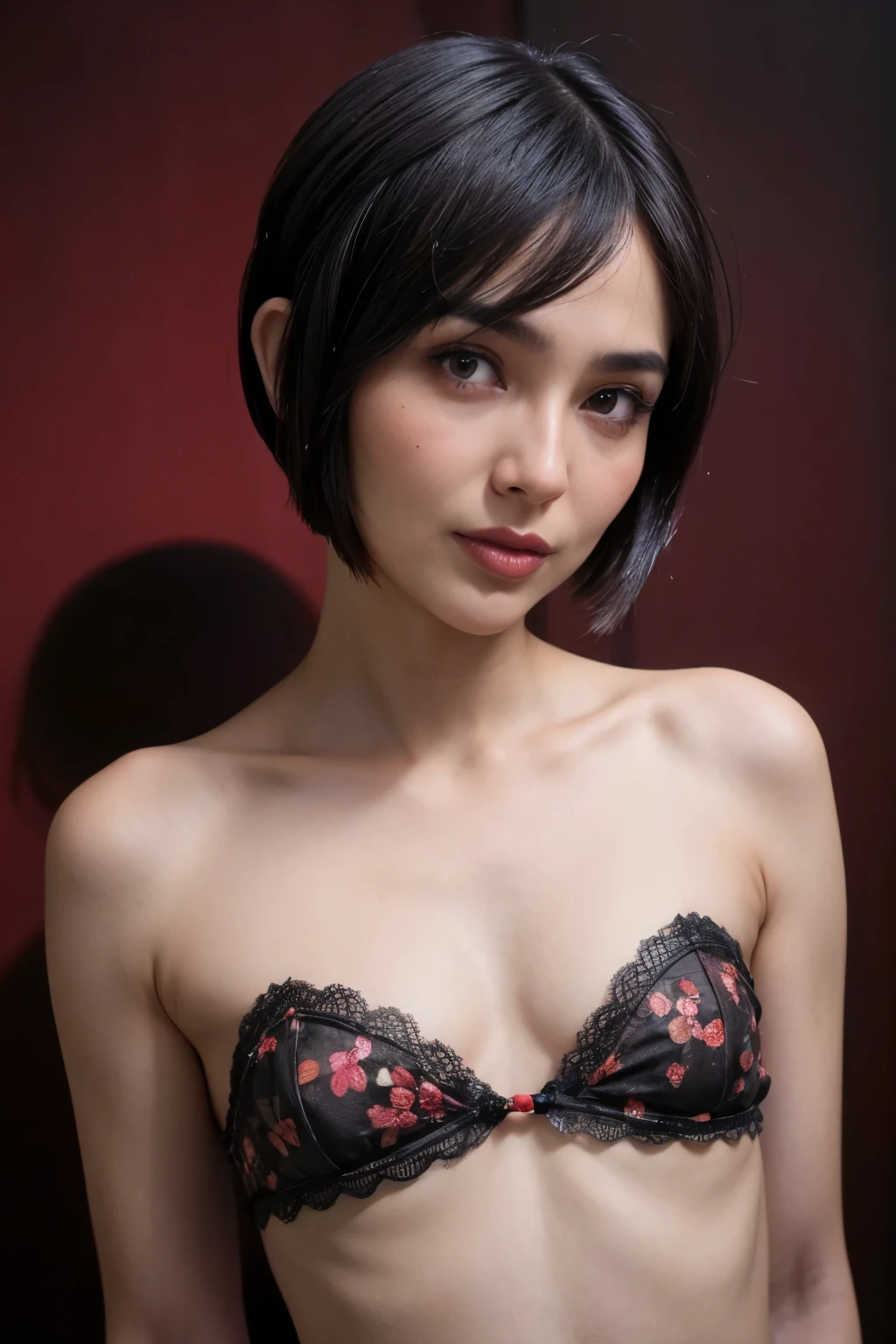 (((((HALF BODY PORTRAIT))))), ((FLAT CHEST:1.8)), ((Lace)), (Happy smile), masutepiece, High quality, UHD 32K, Realistic face, Realistic skin feeling , A Japanese Lady, 58 years old matured lady, , Very cute and baby-like face, (((FLAT CHEST))), (Night time at forest), ((look In front  at the camera and SADNESS)), (((CUTE GIRL))), ((DARK RED FLUORESCENT LIPS)), ((Floral Pattern)) little wearing strapless bra, strapless colorful bra, dark night background , black forest night, horror scary place, (from behind up) seductive pose. ((((VERY SHORT HAIRCUT)))(