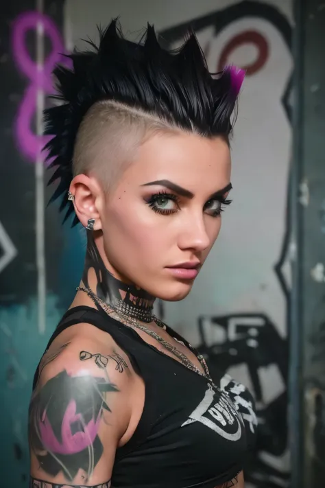 Photorealistic, ultra-detailed, ((Rocker punk girl, spiky mohawk hair)) girl, hot Body Brazilian Girl V.IT:1.4, ABS, tattoo, t-shirt nipples, t-shirt write "666".portrait photo, grunge, side viewer, Solo, dimly lit room, edgy urban scene with graffiti, dark and moody, late evening, city lights flashing, neon lighting The essence of rock and roll, Spike hair, 18 years old, assertive, confident expression, showcasing multiple piercings, blurry background, Crystal clear eyes gleaming with passion, analogue style, grunge texture, Best contrast, industrial, Instagram LUT, Professional, 4k, electrifying gaze, shot on Nikon, 50mm, shallow depth of field,  ((Abandoned Graffiti Wall Background, cinematic lighting )).