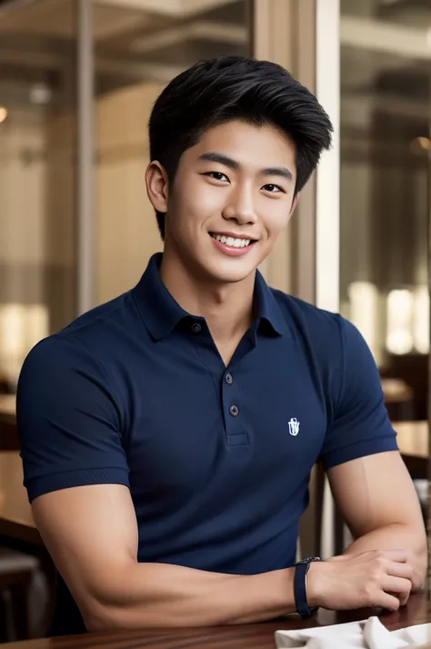 ((realistic daylight)) , Young Korean man in a navy blue polo shirt only, no stripes, and jeans., A handsome, muscular young Asi...