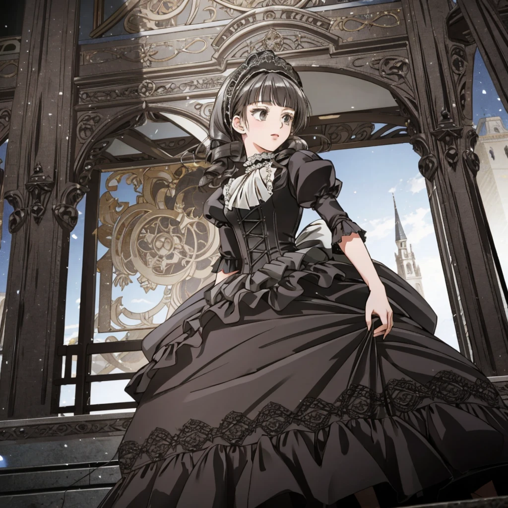 A woman wearing a dress and boots is standing in front of a building, Baroque Dress, Detailed steampunk dress, Elegant Gothic Princess, Victorian Gothic Lolita Fashion, 歴史的なBaroque Dressダーク, Black Gothic Lolita Dress, Fantasy style clothing, Rococo Dress, Black Rococo, Classic witch, Fantasy Costume, wearing a Gothic Dress, romantic dress, Gothic Dress, sit, Spread your legs, Looking from directly below, Drawers, underwear