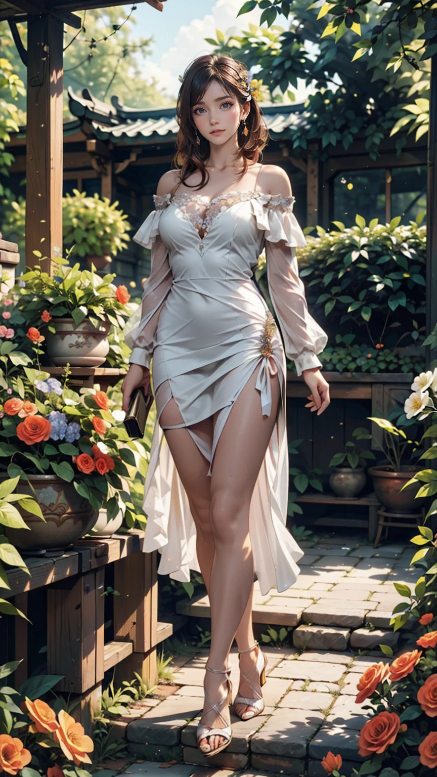 At a formal garden party、A woman wearing an elegant off-the-shoulder dress is walking with a lush garden in the background。Colorful flowers are blooming all around her.、Stiletto heels