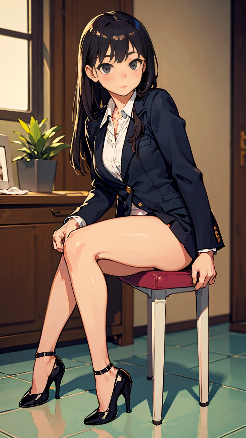 Please raise your heels, Sit down and show your butt from the front, Holding my knees, White panties, Blazer jacket, Long Hair, Realistic, photograph, cute,