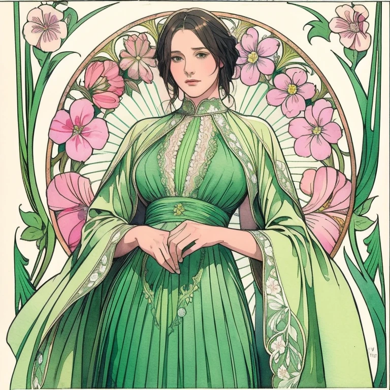 ((obra maestra)), (de la máxima calidad), acuarela art nouveau, (estilo simple), vestido verde, corazon de mariposa, encaje plisado, vestido de encaje eduardiano , como una flor_fondo, Diseños y patrones intrincados al estilo de Alphonse Mucha.desde abajo.