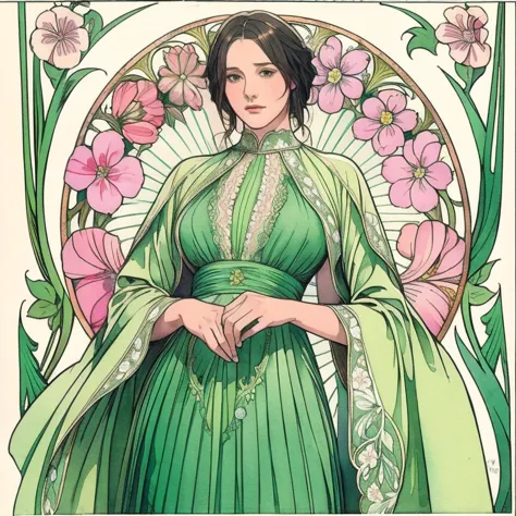 ((masterpiece)), (Highest quality), Art Nouveau watercolor, (Simple style), Green Dress, Butterfly Heart, Pleated lace, edwardia...