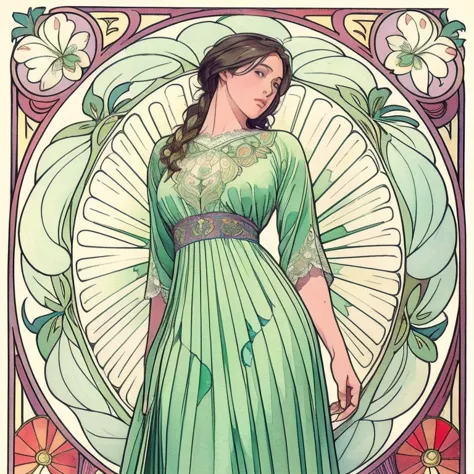 ((masterpiece)), (highest quality), art nouveau watercolor, (simple style), green dress, butterfly heart, pleated lace, edwardia...