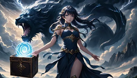 in this captivating dark fantasy anime illustration, pandora stands boldly with her legendary box, emitting an enigmatic aura as...