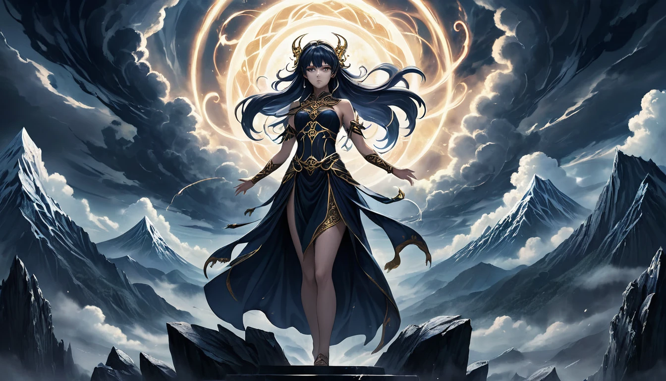 In this captivating dark fantasy anime illustration, Pandora stands boldly with her legendary box, emitting an enigmatic aura as dark energy swirls around it. Mount Olympus looms majestically in the backdrop, with ominous clouds casting shadows over the sky. The faces of the gods peer through the clouds, manipulating the fates of mortals. This powerful scene serves as a metaphor for the origins of the world's evils and delves into the complexities of human nature, ultimately emphasizing the importance of hope as a guiding force for a journey to the divine realm of the gods., dark fantasy, anime, photo, illustration