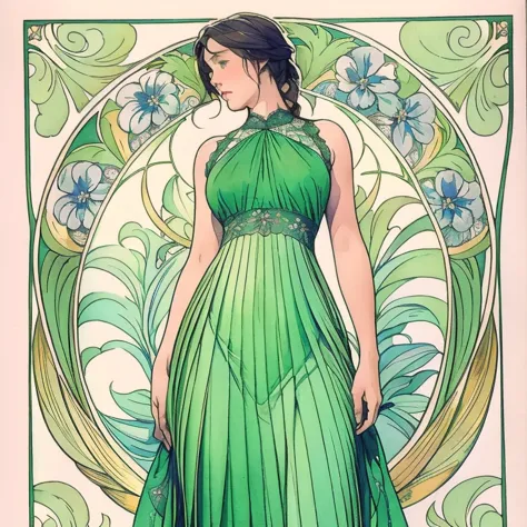 ((masterpiece)), (highest quality), art nouveau watercolor, (simple style), green dress, butterfly heart, pleated lace, edwardia...