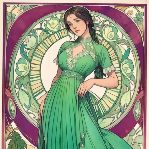 ((masterpiece)), (highest quality), art nouveau watercolor, (simple style), green dress, butterfly heart, pleated lace, edwardia...