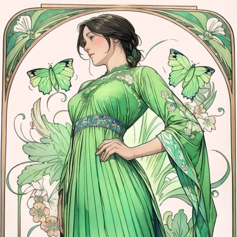 ((masterpiece)), (highest quality), art nouveau watercolor, (simple style), green dress, butterfly heart, pleated lace, edwardia...