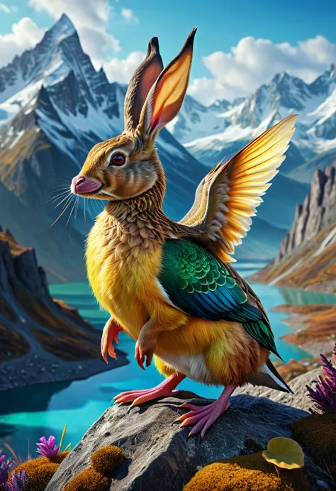 a surreal wolpertinger, hybrid creature of duck, rabbit, and mouse, in vibrant colors, against a mountainous landscape, (best qu...