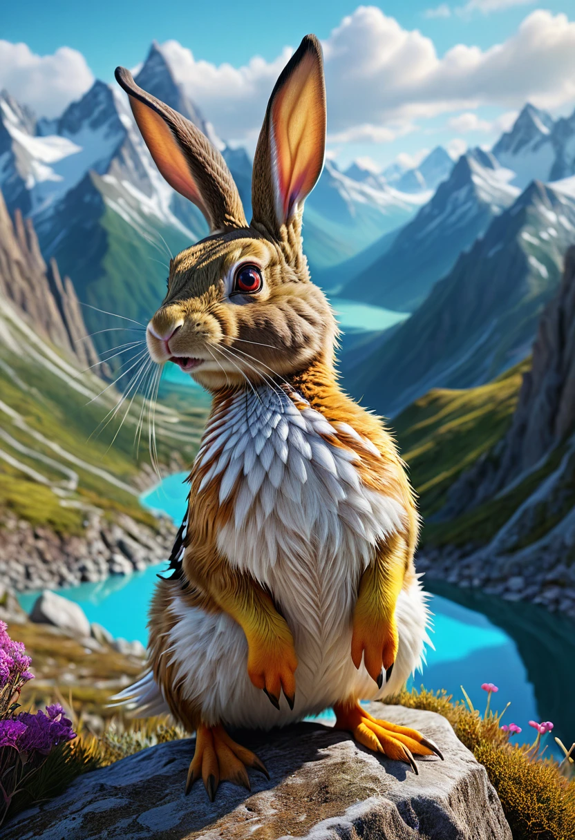 a surreal wolpertinger, hybrid creature of duck, rabbit, and mouse, in vibrant colors, against a mountainous landscape, (best quality,4k,8k,highres,masterpiece:1.2),ultra-detailed,(realistic,photorealistic,photo-realistic:1.37),intricate details,cinematic lighting,dramatic colors,fantasy,digital painting,surreal,highly detailed,cinematic composition,sharp focus,photorealistic,hyperrealistic,mystical,ethereal,whimsical,colorful,vibrant,striking,dreamlike,conceptual,imaginative