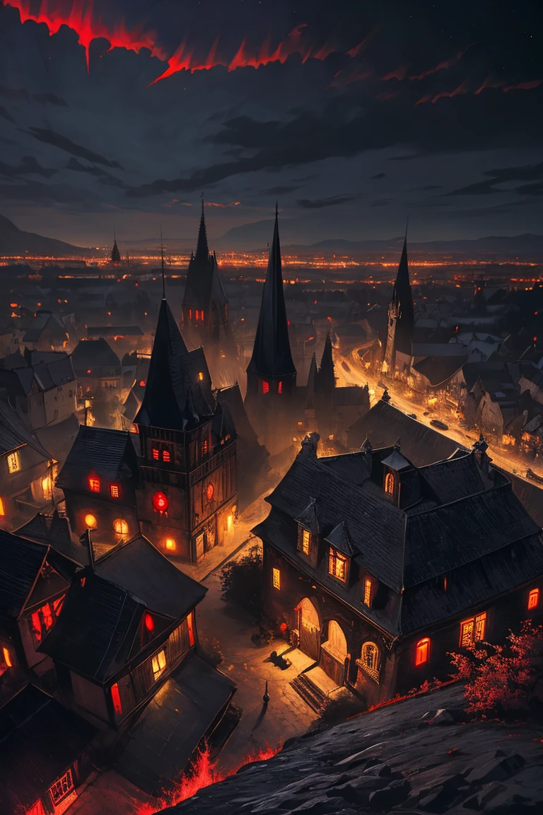 old European village shot with bird view, (Red glowing eyes), masterpiece, Depth of written boundary, Lutz, Gwaites style artwork, Gothic aesthetics, Dark Vampire village, ((in the dark gothic style cathle:1)), ((dark mid-night time:1.5)),