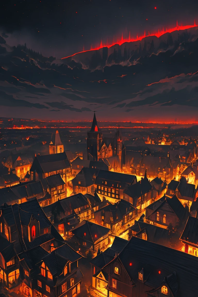 old European village shot with bird view, (Red glowing eyes), masterpiece, Depth of written boundary, Lutz, Gwaites style artwork, Gothic aesthetics, Dark Vampire village, ((in the dark gothic style cathle:1)), ((dark mid-night time:1.5)),