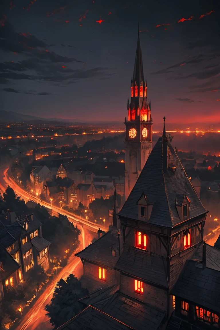 old European village shot with bird view, (Red glowing eyes), masterpiece, Depth of written boundary, Lutz, Gwaites style artwork, Gothic aesthetics, Dark Vampire village, ((in the dark gothic style cathle:1)), ((dark mid-night time:1.5)),