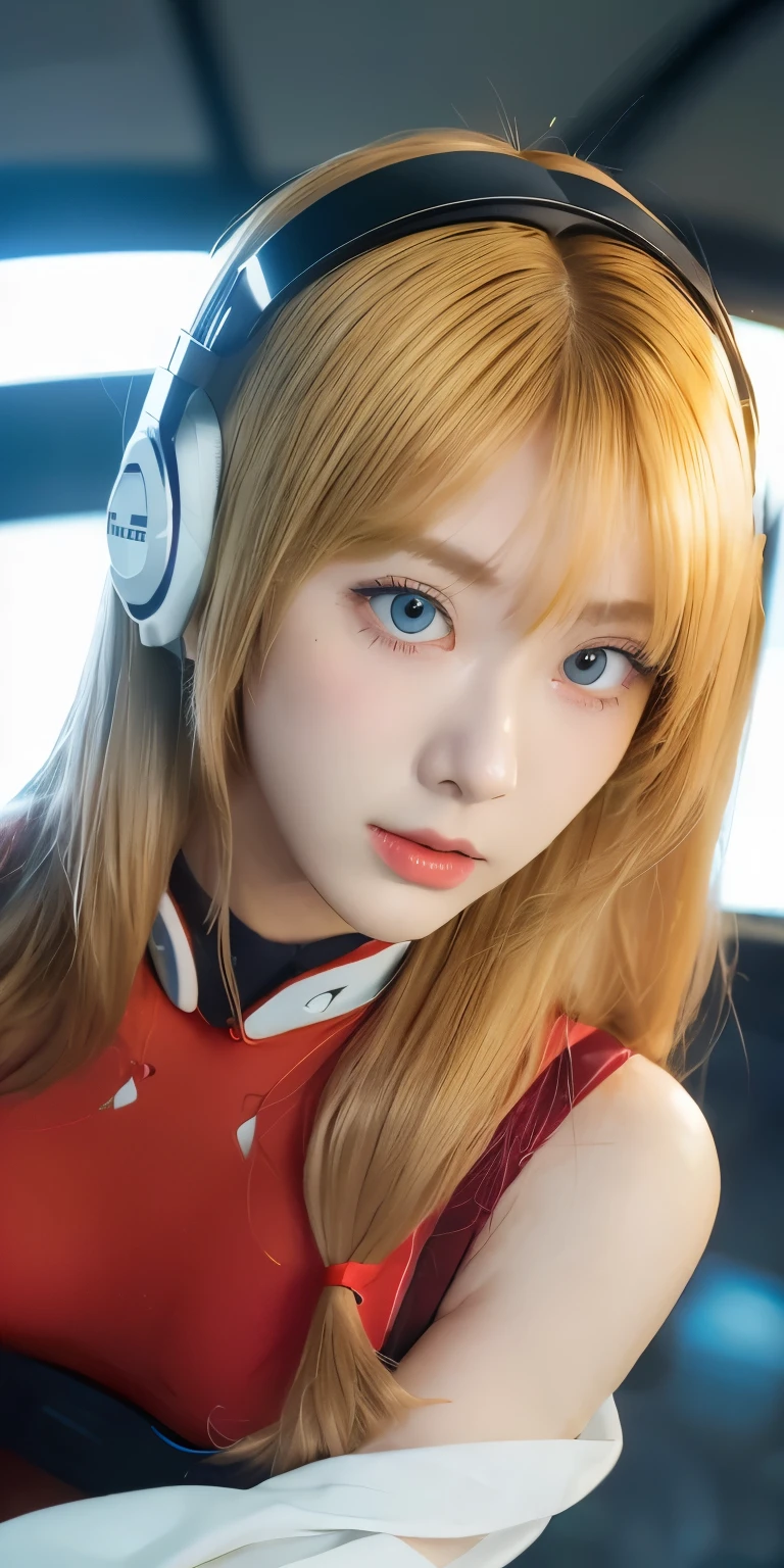 (overhead view),dynamic angle,very detailed, illustration, enlargement, upright, 1 woman, 
 ((Sour Asuka Langley, interface headset, red bodysuit:1.4, blonde)),Her eyes shone like dreamy stars,(shining eyes:1.233),(beautiful and delicate eyes:1.1),(expressionless,closed mouth),(standing), 
(Mechanical room with tools and spaceship windows in white spaceship),
(night:1.2),dreamy, [[delicate fingers and hands:0.55]::0.85],(Detail Fingers),