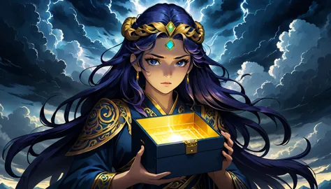 in this captivating dark fantasy illustration, the god zeus is seen warning pandora about a golden box. the box emits a mysterio...