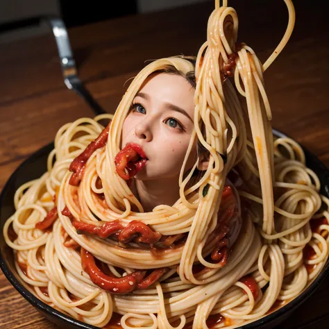 Accurately detailed Supergirl、1/6th scale adult figure、(((A huge amount of spaghetti-like tentacle figures)))、Spaghetti-like tentacles wrap around the entire body、(spit out chunks of spaghetti:1.8)、