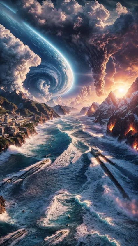 complete and very real image. water, wind, earth, and fire, all together. photorealism, full view, very detailed image, very rea...