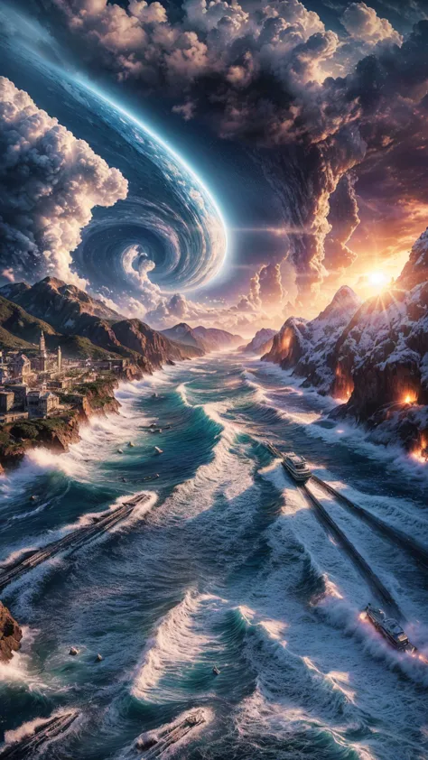 complete and very real image. water, wind, earth, and fire, all together. photorealism, full view, very detailed image, very rea...