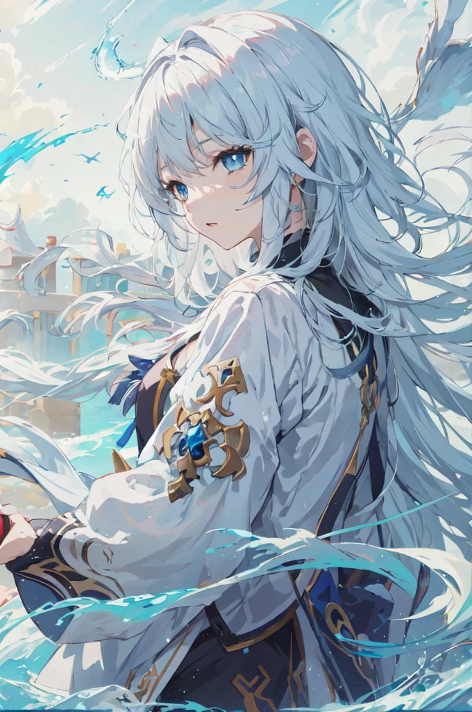 White hair blue eyed anime girl holding a sword, white hair deity, best anime 4k konachan wallpaper, Keqing from genshin impact, Clean and detailed anime art, anime art wallpaper 8 k, Guweiz, Anime Art Wallpaper 4K, anime art wallpaper 4k, Detailed anime character art, guweiz on pixiv artstation, white hair