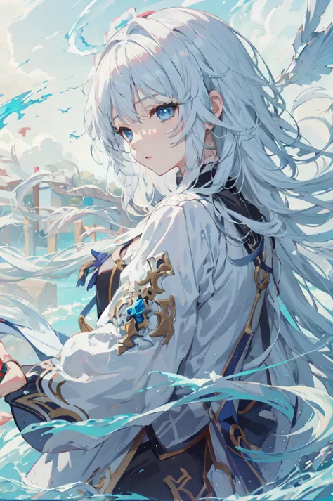White hair blue eyed anime girl holding a sword, white hair deity, best anime 4k konachan wallpaper, Keqing from genshin impact,...
