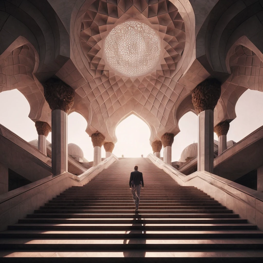 ((very sharp photo result, hyper realistic photo)) (((Best Quality))), (((masterpiece))) (((Ultra-detailed CG))) (((magical ))) contrast dramatic texture scenery moment detail artistic architectural photography, a small & artistry simple geometric motif, modern minimalistic mosque design, stairs & dramatic light, peach & white dominated color, in foreground there`s a silhouette of a moslem man climbing the stairs, shadow & light, UHD, sony a7 | fe 35mm f1.8