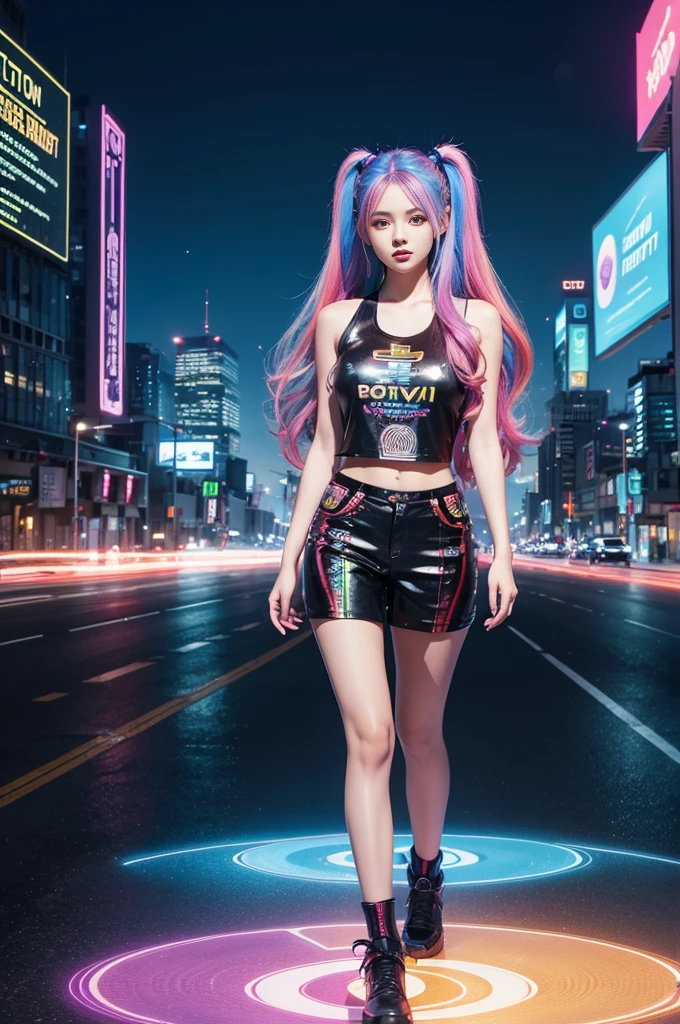 ((Highest quality)), (Super High quality), Vibrant, One girl, Cute, Beautiful, Cool, Future world, Future city, Virtual currency, Full body, Long hair, Realistic, Rainbow hair, Bitcoin background