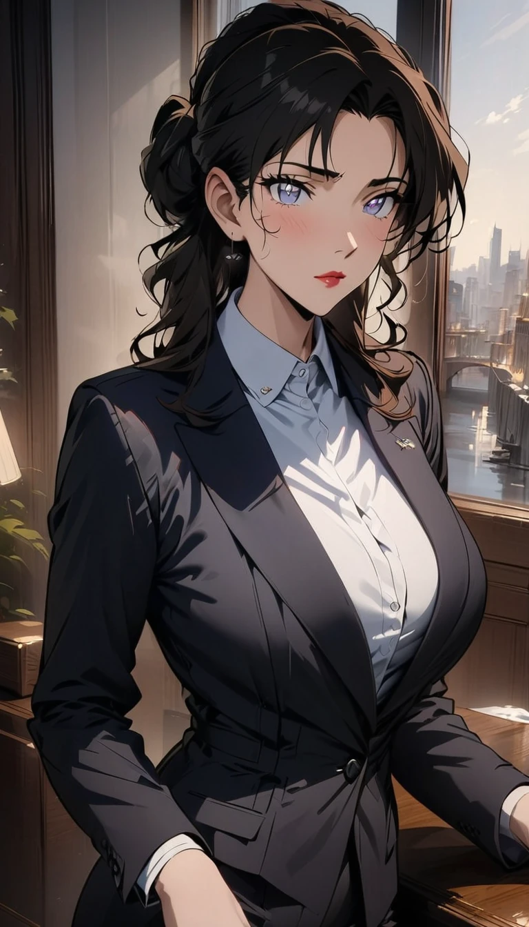 (best quality, High resolution, masterpiece:1.2), black hair, Beautiful woman, delicate eyes, Detailed lips, Suit, Single picture, Anime style