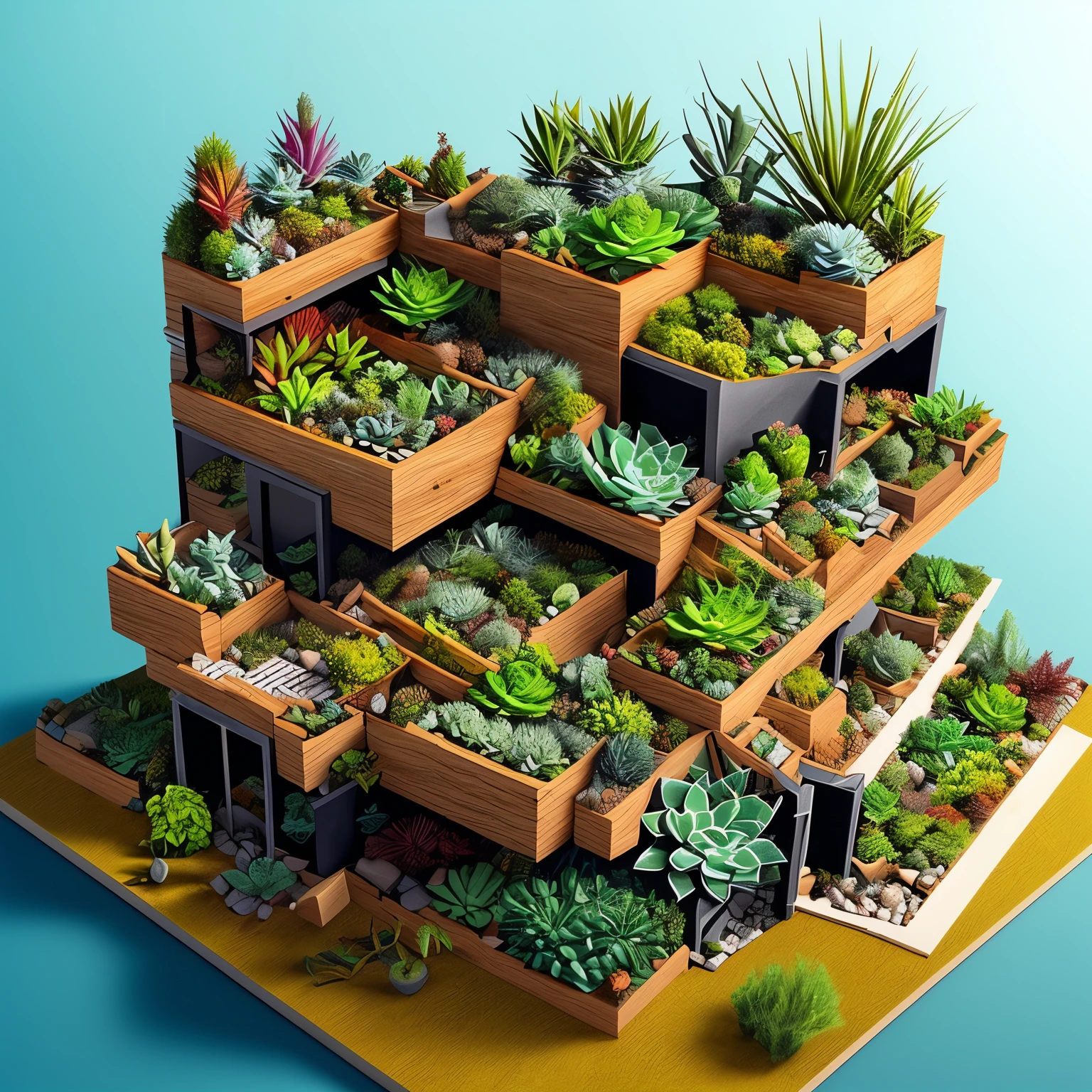 DUSKAMETRIC15, Micromundo, vista isométrica, visão do micromundo de estufa e suculentas e agaves e plantas aéreas, estação de arte, 8K, renderização de octanagem, cores vibrantes, tendências no deviantart