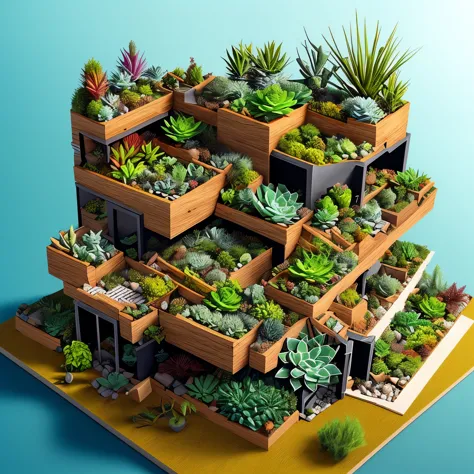 DUSKAMETRIC15, MICROWORLD, isometric view, microworld view of greenhouse and succulents and agaves and air plants, artstation, 8k, octane render, vibrant colors, trending on deviantart