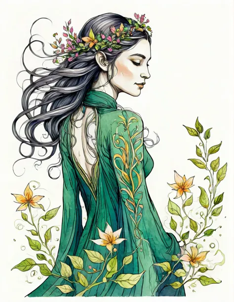 An Elven figure dressed in flowers and leaves standing in the wind ink drawing with color 
